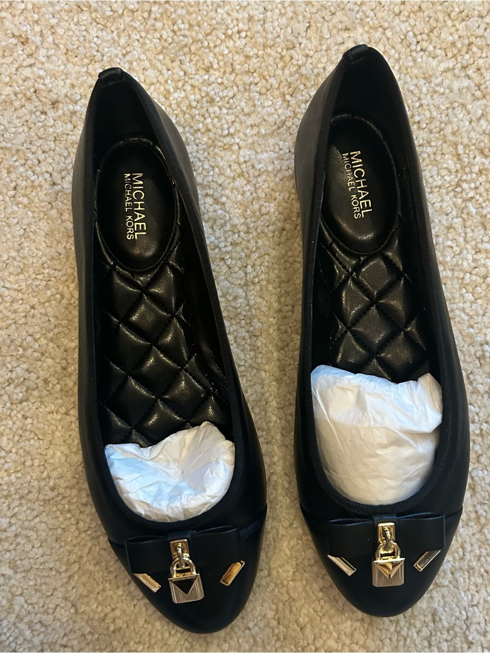 MICHAEL Michael Kors Black Quilted-Insole Ballet Flats with Gold Charm